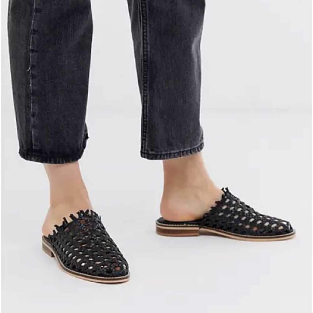 Free People mirage woven leather fringe mules - black 38